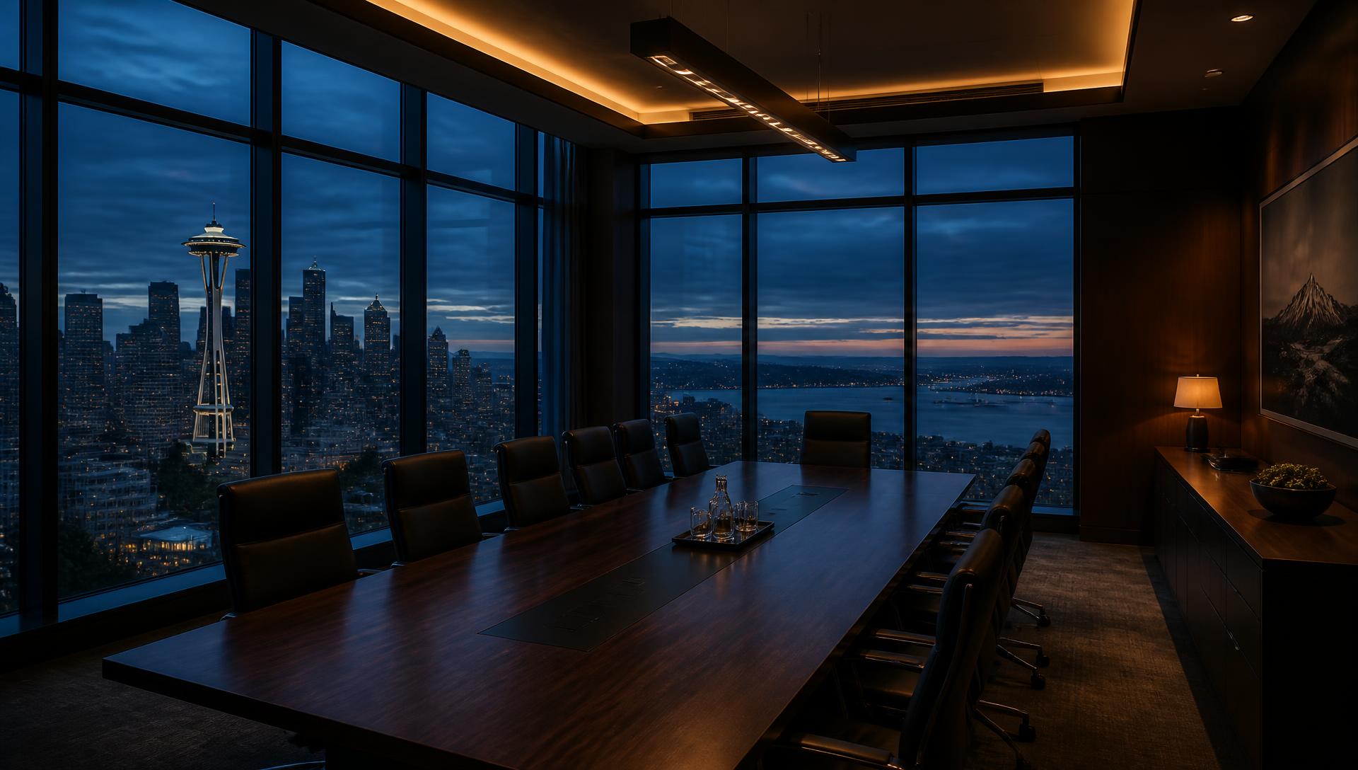 Empty high-rise conference room at sunset overlooking a city skyline